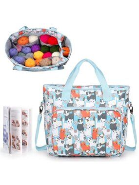 Large Crochet Yarn Storage Bag Organizer Knitting Tote Multipocket Blue Travel